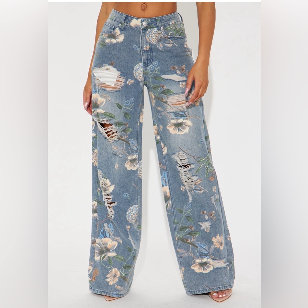 Floral Distressed Wide-Leg Jeans - Blue